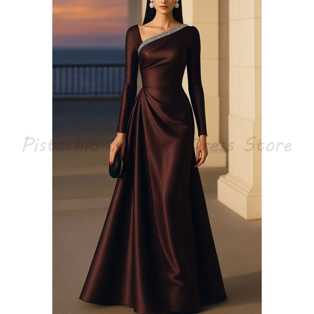 Brown Asymmetric Neck Long Sleeve Rhinestone Strap Draped Waist Matte Satin A-Line Formal Evening Maxi Gown
Brown Asymmetric Neck Long Sleeve Rhinestone Strap Draped Waist Matte Satin A-Line Formal Evening Maxi Gown