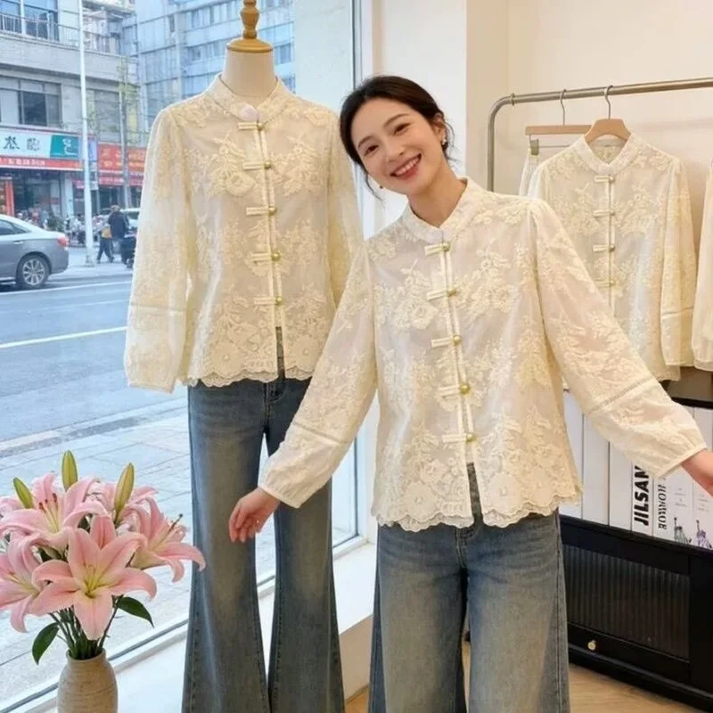 Womens Lace Shirt Embroidery Knot Buttons Top
Womens Lace Shirt Embroidery Knot Buttons Top