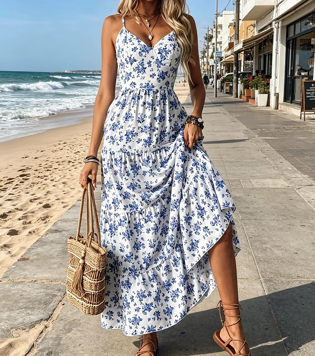European style V-neck blue and white printed halter dress with back exposure and tie design for a flowing dress. Bohemian vacati
European style V-neck blue and white printed halter dress with back exposure and tie design for a flowing dress. Bohemian vacati