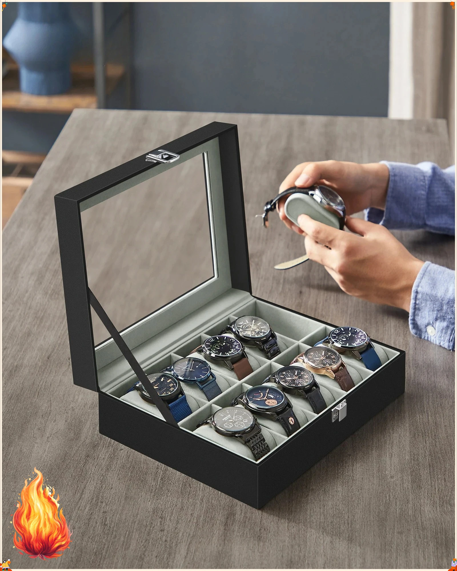 10 Slots Watch Display Box Transparent Glass Top PU Leather Watch Organizer Removable Cushion Home Jewelry Watch Storage Case
10 Slots Watch Display Box Transparent Glass Top PU Leather Watch Organizer Removable Cushion Home Jewelry Watch Storage Case
