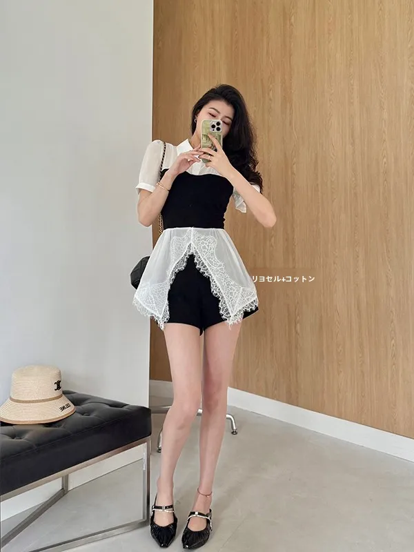 French Style Lace Patchwork Asymmetrical Fake Two-Piece Shirt Short Waist Shorts Women's Summer Fashion Set Short Sleeve Flip...
French Style Lace Patchwork Asymmetrical Fake Two-Piece Shirt Short Waist Shorts Women's Summer Fashion Set Short Sleeve Flip...