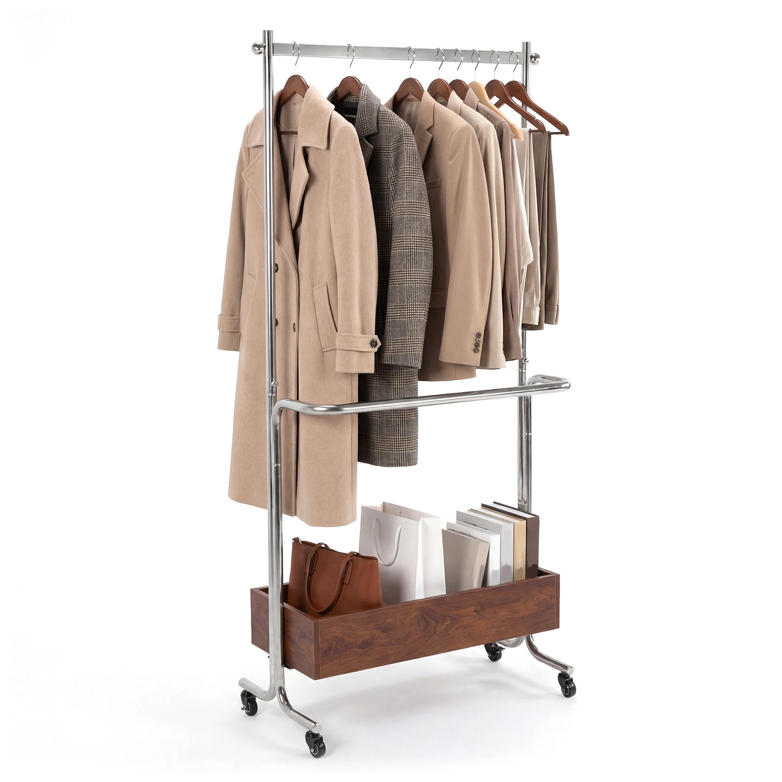 Напольная вешалка для одежды из нержавеющей стали с деревянным ящиком для хранения, для одежды, кошельков, головных уборов
Напольная вешалка для одежды из нержавеющей стали с деревянным ящиком для хранения, для одежды, кошельков, головных уборов