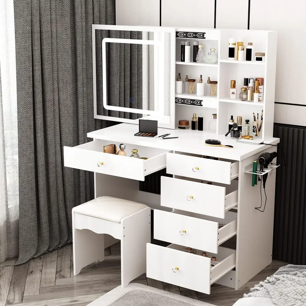 Large White Vanity Desk with Lighted Mirror, Built-in Power Strip, Storage Shelves, Hair Dryer Holder & Cushioned Stool
Large White Vanity Desk with Lighted Mirror, Built-in Power Strip, Storage Shelves, Hair Dryer Holder & Cushioned Stool