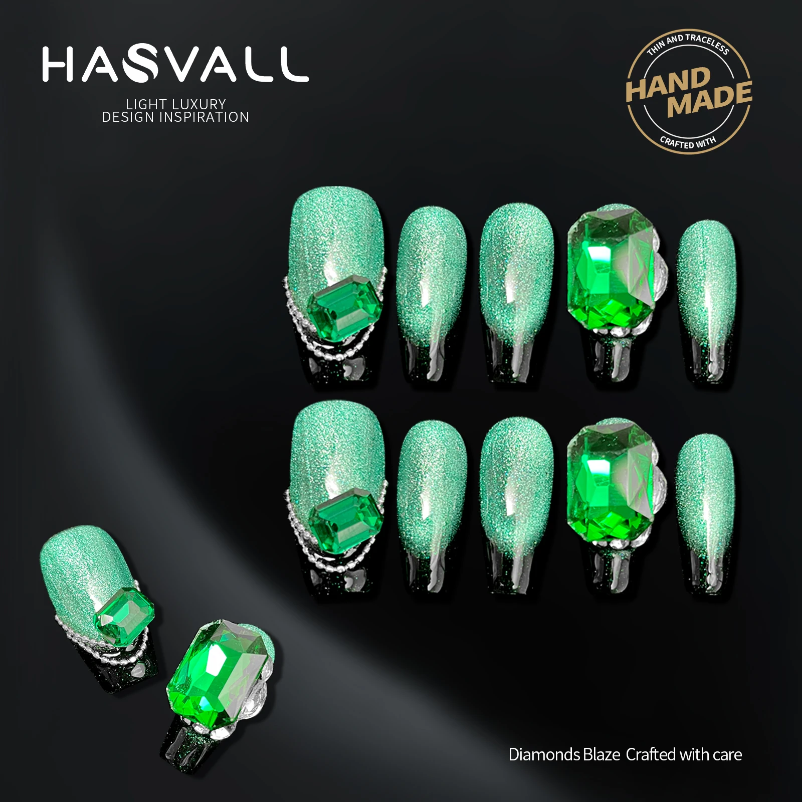 HASVALL Green Emerald Handmade Short Coffin Press on Nails 3D Diamond Design Cat Eye Finished Fake Nail Art Stick on Nails 10pcs
HASVALL Green Emerald Handmade Short Coffin Press on Nails 3D Diamond Design Cat Eye Finished Fake Nail Art Stick on Nails 10pcs
