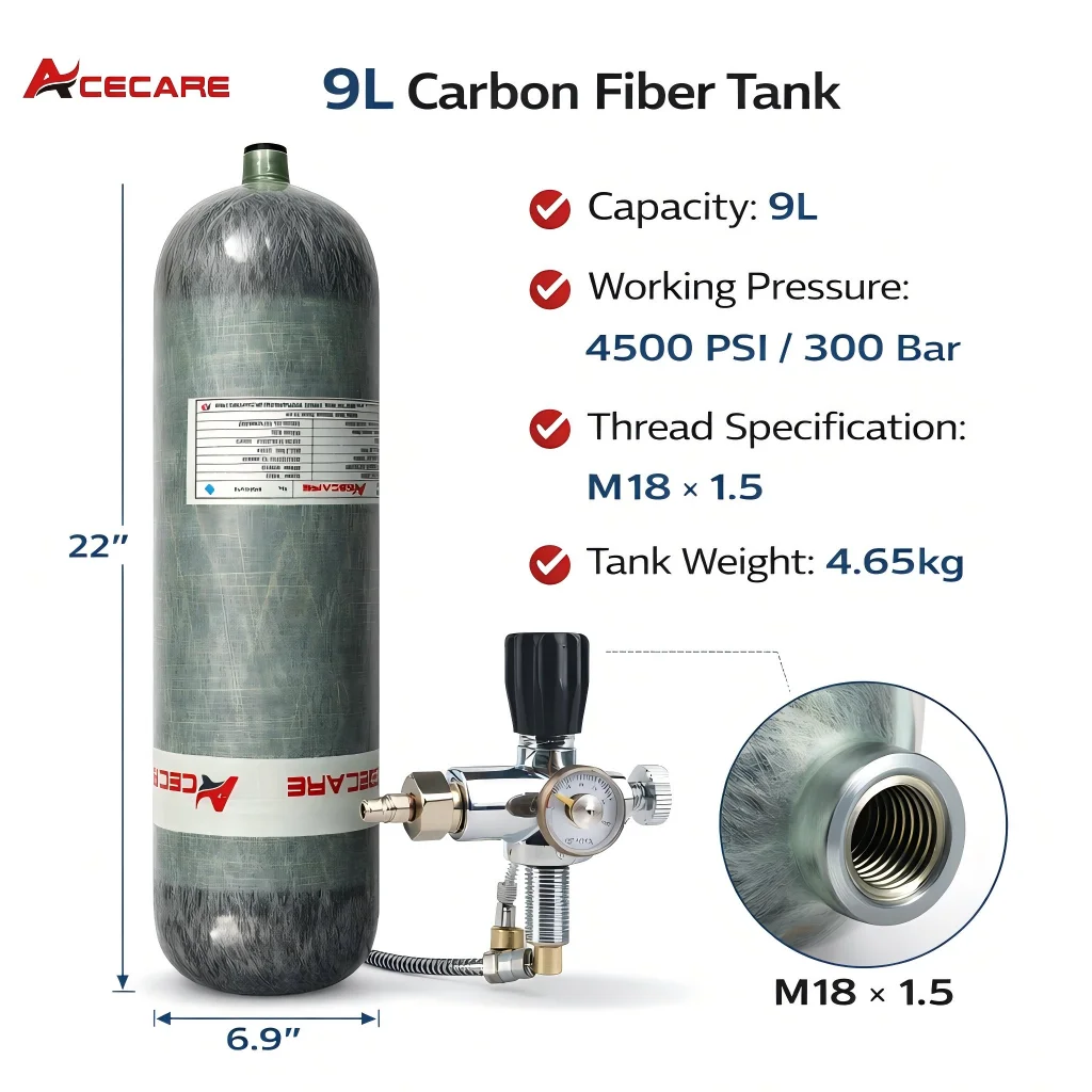 ACECARE 9L CE Carbon Fiber Cylinder HPA Tank 4500Psi 300Bar Diving Bottle Fill Station Valve Charging Regulator Valve M18*1.5
ACECARE 9L CE Carbon Fiber Cylinder HPA Tank 4500Psi 300Bar Diving Bottle Fill Station Valve Charging Regulator Valve M18*1.5