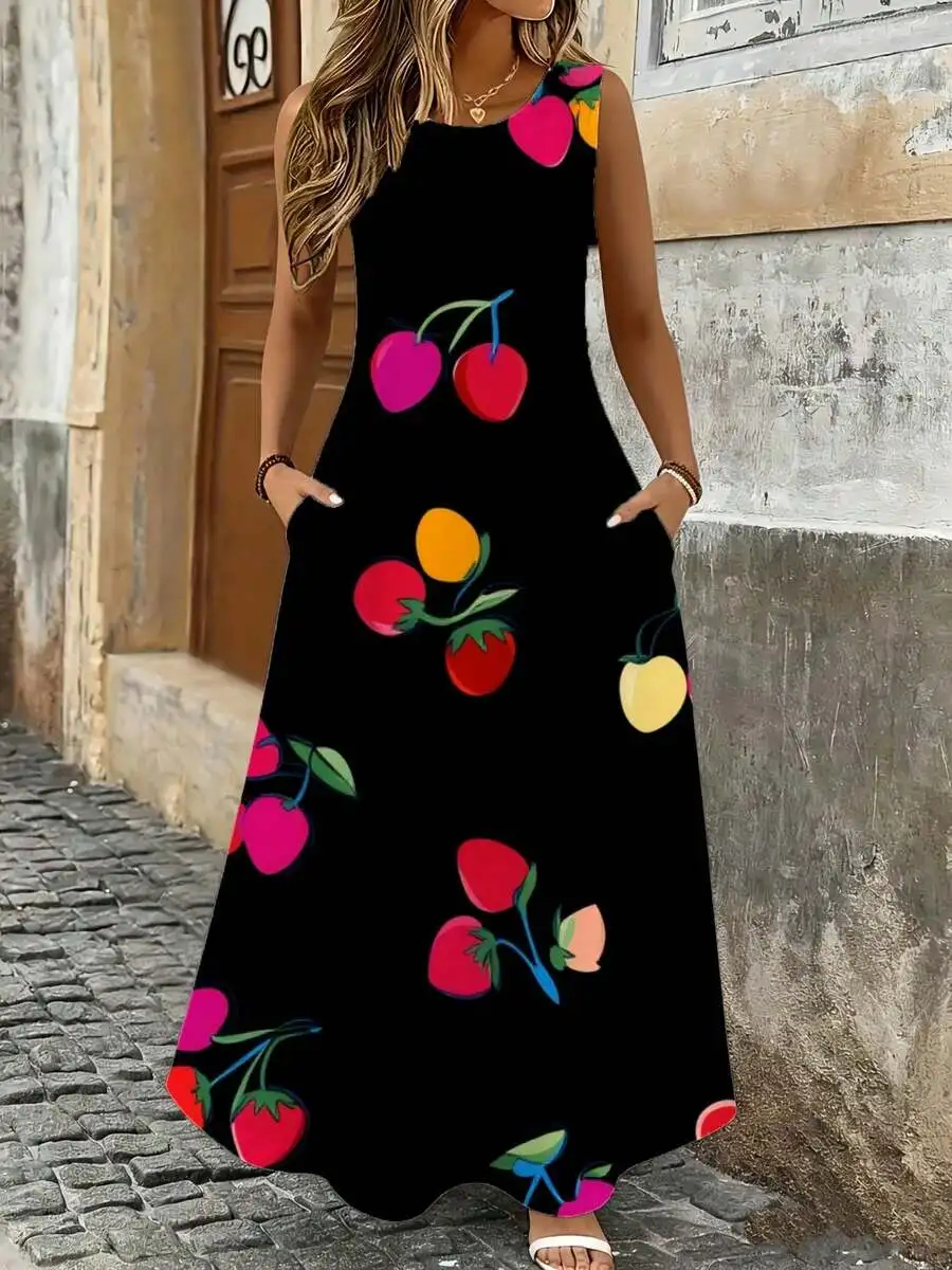 Sleeveless Maxi Dress Black Cherry Strawberry Print Summer Beach Vacation Outfit
Sleeveless Maxi Dress Black Cherry Strawberry Print Summer Beach Vacation Outfit