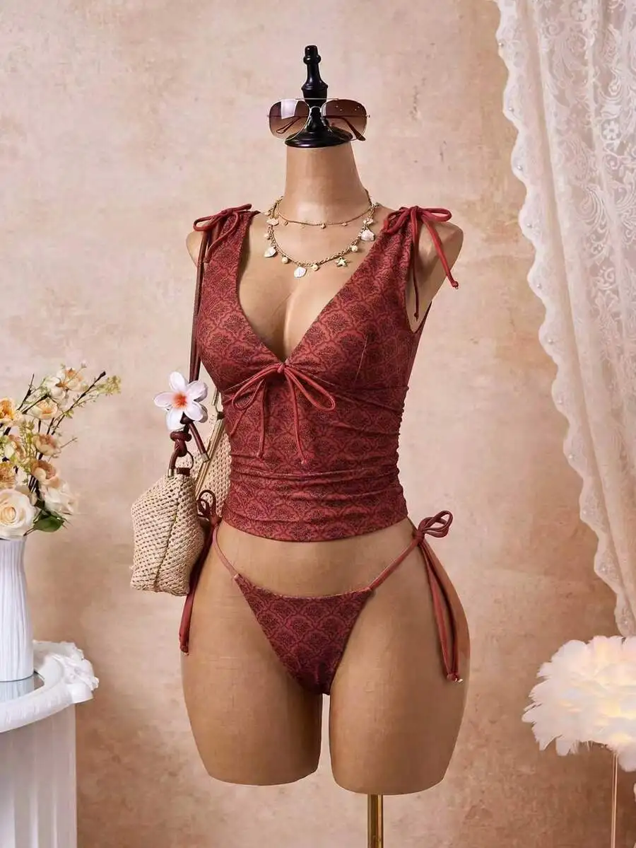 Womens Deep V-Neck Drawstring Ruched Backless Camisole And Triangle Bikini Two Piece Set
Womens Deep V-Neck Drawstring Ruched Backless Camisole And Triangle Bikini Two Piece Set