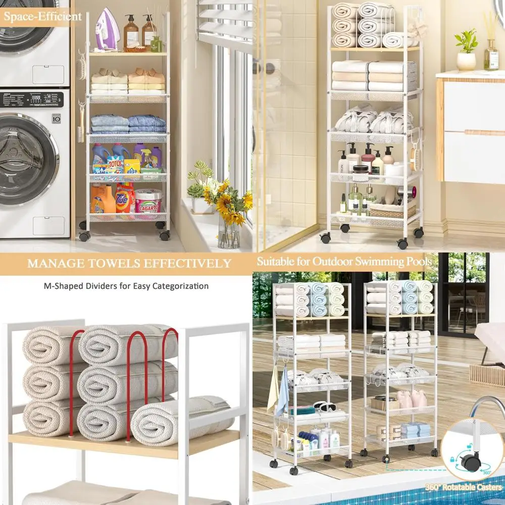 Металлическая мобильная 5-ярусная полка для ванной на колесиках с держателем для полотенец и M-образными перегородками, белая
Металлическая мобильная 5-ярусная полка для ванной на колесиках с держателем для полотенец и M-образными перегородками, белая