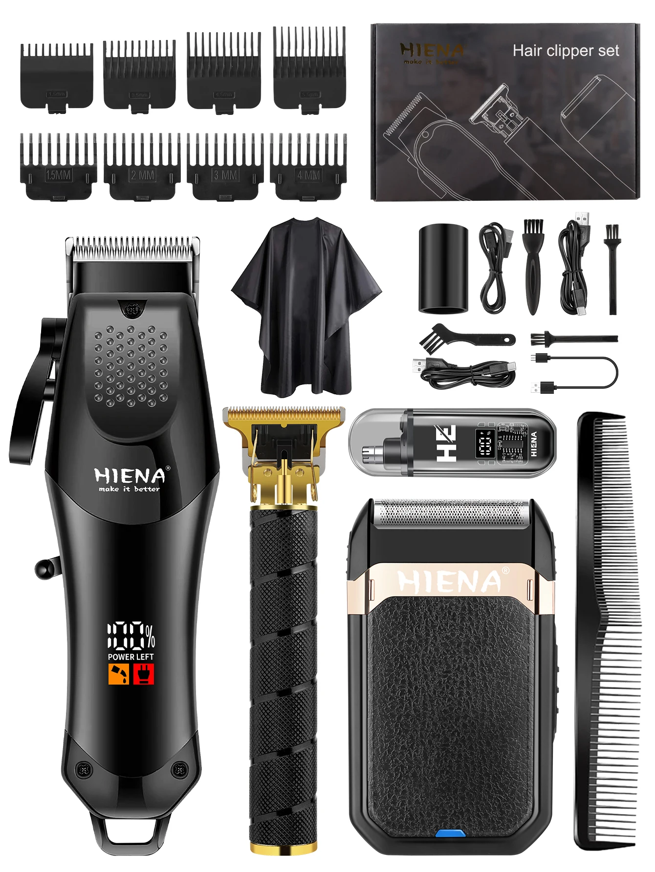 HIENA 3-in-1 Professional Hair Clipper Set Cordless Trimmer & Electric Shaver Kit for Men Barber Grooming with LED Display
HIENA 3-in-1 Professional Hair Clipper Set Cordless Trimmer & Electric Shaver Kit for Men Barber Grooming with LED Display