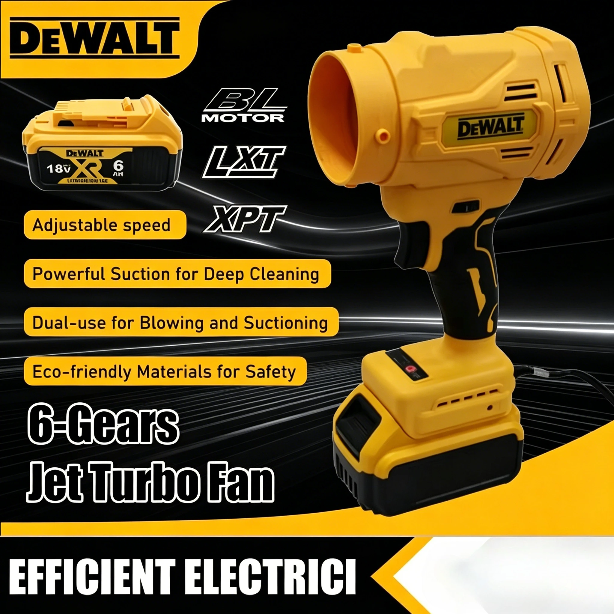 Dewalt High Speed Brushless Electric Air Blower 6-Gears Jet Turbo Fan 130000RPM Violent Fan Cordless Air Duster For 20V Battery
Dewalt High Speed Brushless Electric Air Blower 6-Gears Jet Turbo Fan 130000RPM Violent Fan Cordless Air Duster For 20V Battery
