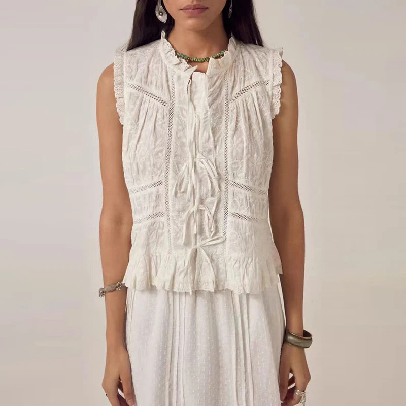 Summer Women's White Pure Cotton Sleeveless Tie Waist Lightweight Breathable Thin Short Shirt Top French Style Loose Fit
Summer Women's White Pure Cotton Sleeveless Tie Waist Lightweight Breathable Thin Short Shirt Top French Style Loose Fit