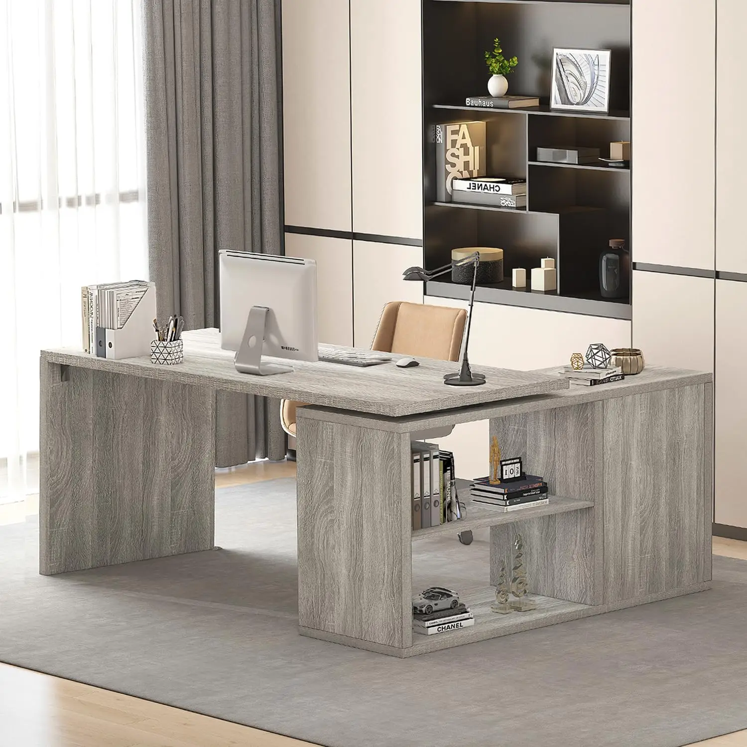 Gray L Shaped Corner Desk with Storage Shelves, Reversible L Shape Computer Desk with Storage Cabinet, Adjustable, Customized
Gray L Shaped Corner Desk with Storage Shelves, Reversible L Shape Computer Desk with Storage Cabinet, Adjustable, Customized