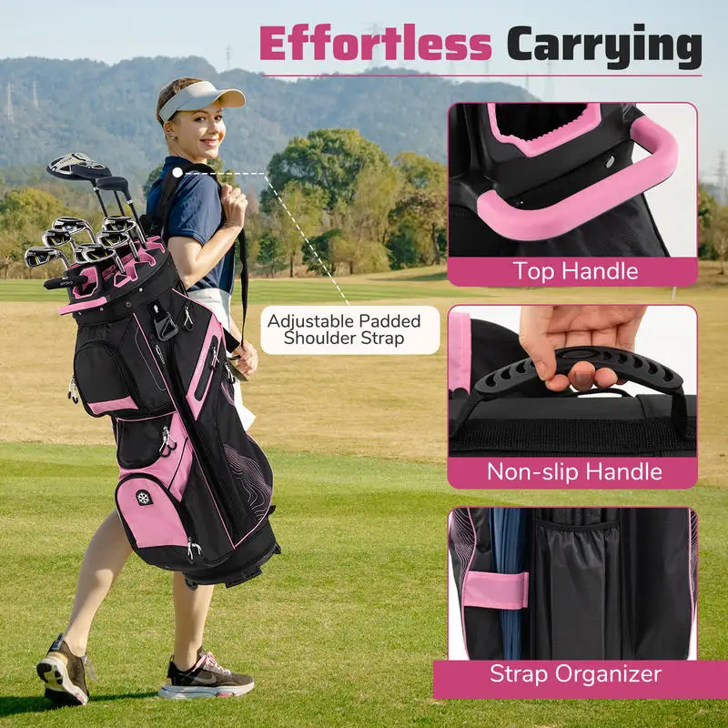 Molded Lock Top Golf Cart Bag with 14-Way Full Length Dividers and 11 Pockets-Pink
Molded Lock Top Golf Cart Bag with 14-Way Full Length Dividers and 11 Pockets-Pink