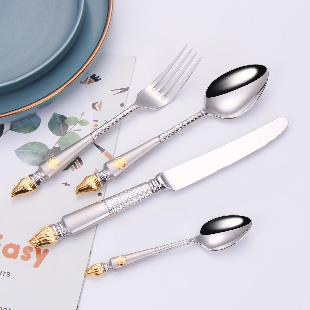 4 Pieces Tableware Set Stainless Steel Dinnerware Luxury Cutlery Vintage Knife Spoon Fork Set Kitchen Utensils Sliver Flatware
4 Pieces Tableware Set Stainless Steel Dinnerware Luxury Cutlery Vintage Knife Spoon Fork Set Kitchen Utensils Sliver Flatware