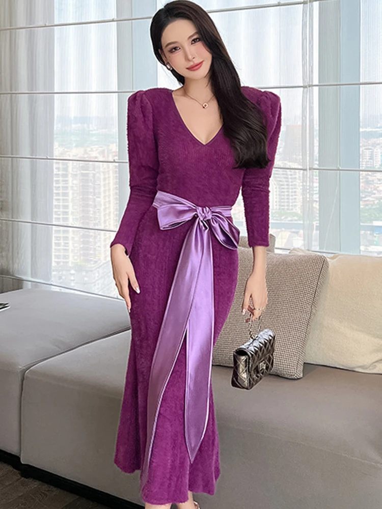 Autumn Winter Knitted Women Evening Dress Sweater Temperament Purple V-Neck Bodycon Midi Party Prom Robe Stretchy Mujer Vestidos
Autumn Winter Knitted Women Evening Dress Sweater Temperament Purple V-Neck Bodycon Midi Party Prom Robe Stretchy Mujer Vestidos