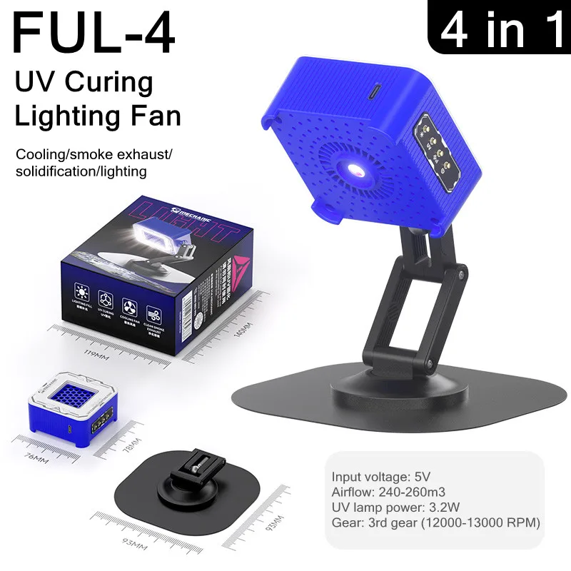 MECHANIC FUL-4 UV Curing Lighting Fan for Mobile Phone PCB Welding Repair Smoke Extraction Fast Heat Dissipation Cooling Tools
MECHANIC FUL-4 UV Curing Lighting Fan for Mobile Phone PCB Welding Repair Smoke Extraction Fast Heat Dissipation Cooling Tools