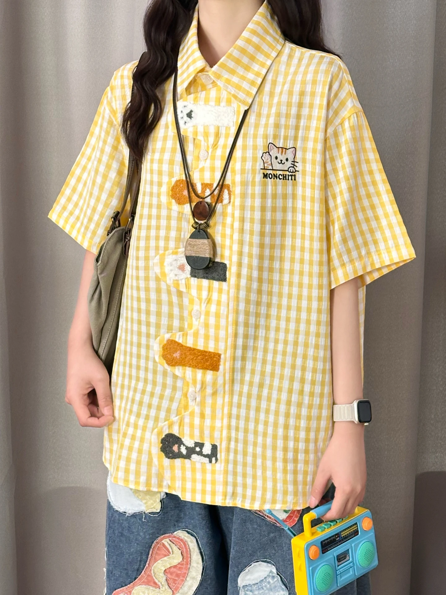 Retro American Embroidery Plaid Short Sleeve Loose Women's Shirt Summer Breathable Casual Style Cotton Polyester Blend
Retro American Embroidery Plaid Short Sleeve Loose Women's Shirt Summer Breathable Casual Style Cotton Polyester Blend
