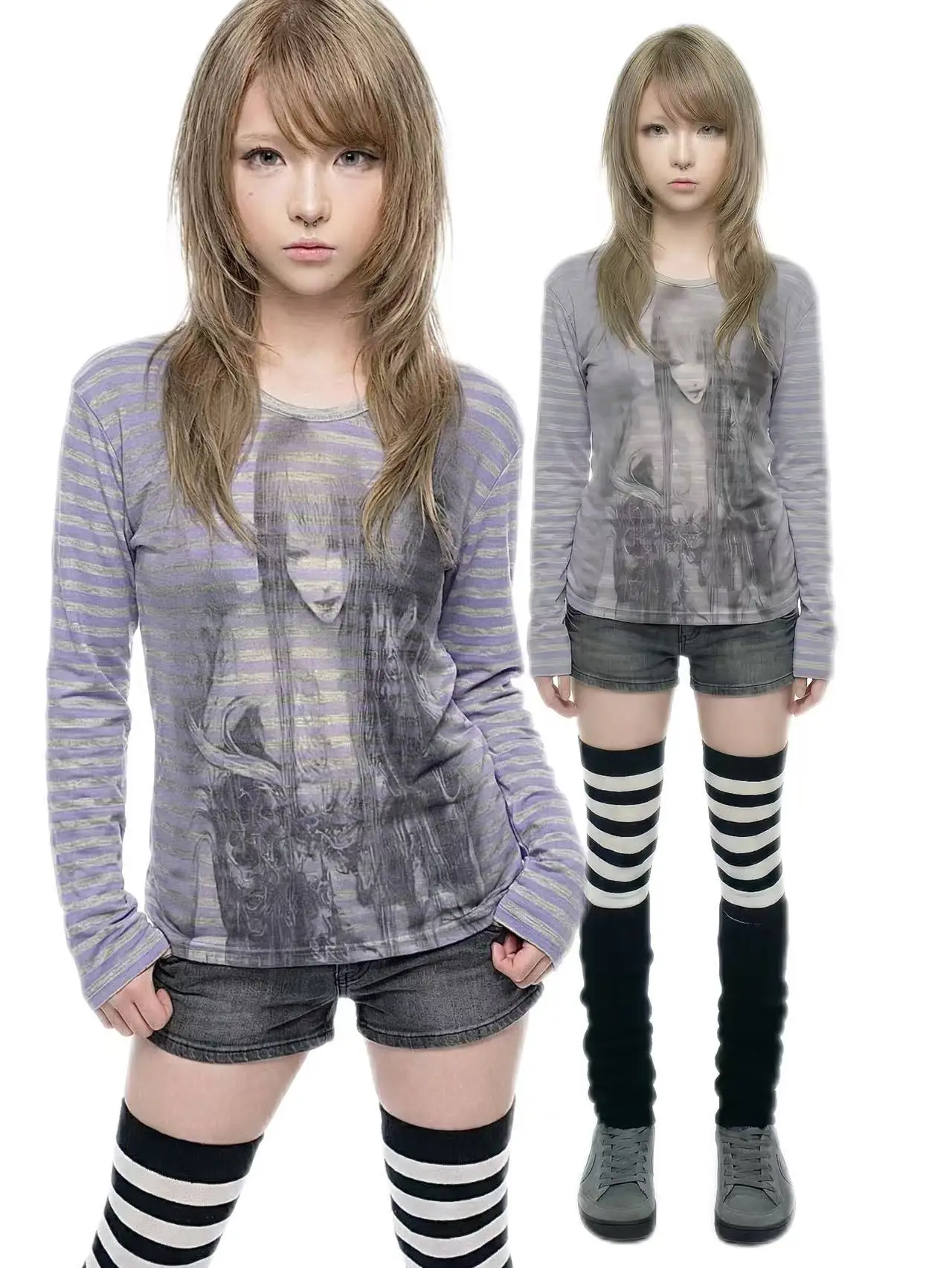 WEBBAR Original Visual Series Gothic Dark Style Grey Blue Stripes Long Sleeve T-Shirt for Women round Neck Print Casual Top
WEBBAR Original Visual Series Gothic Dark Style Grey Blue Stripes Long Sleeve T-Shirt for Women round Neck Print Casual Top