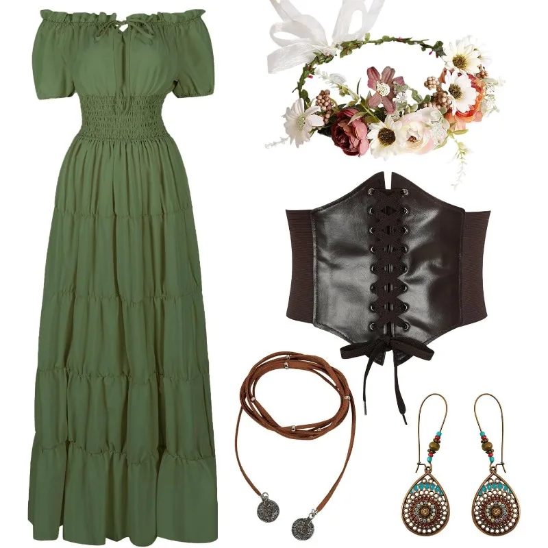 5 Pcs Medieval Costume Women Fairy Dress Peasant Cottagecore Dress 1700s Retro Victorian Costume and Floral Headwear Belt Earing
5 Pcs Medieval Costume Women Fairy Dress Peasant Cottagecore Dress 1700s Retro Victorian Costume and Floral Headwear Belt Earing