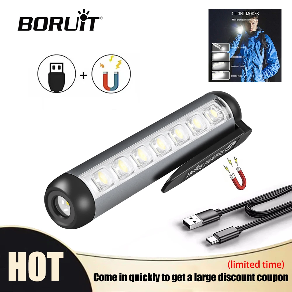 BORUiT Mini LED Flashlight Type-C Rechargeable Ultra Bright Torch with Clip and Magnet Waterproof Work Light for Camping Use
BORUiT Mini LED Flashlight Type-C Rechargeable Ultra Bright Torch with Clip and Magnet Waterproof Work Light for Camping Use