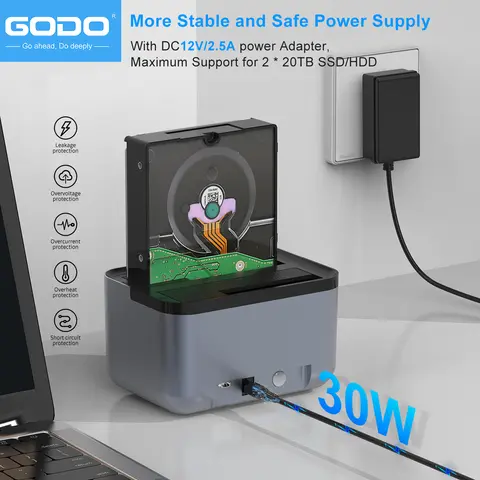 GODO Dual Bay Hard Drive Dock: USB 3.0 Type-C for SATA 2.5/3.5" HDD/SSD with LED Indicator