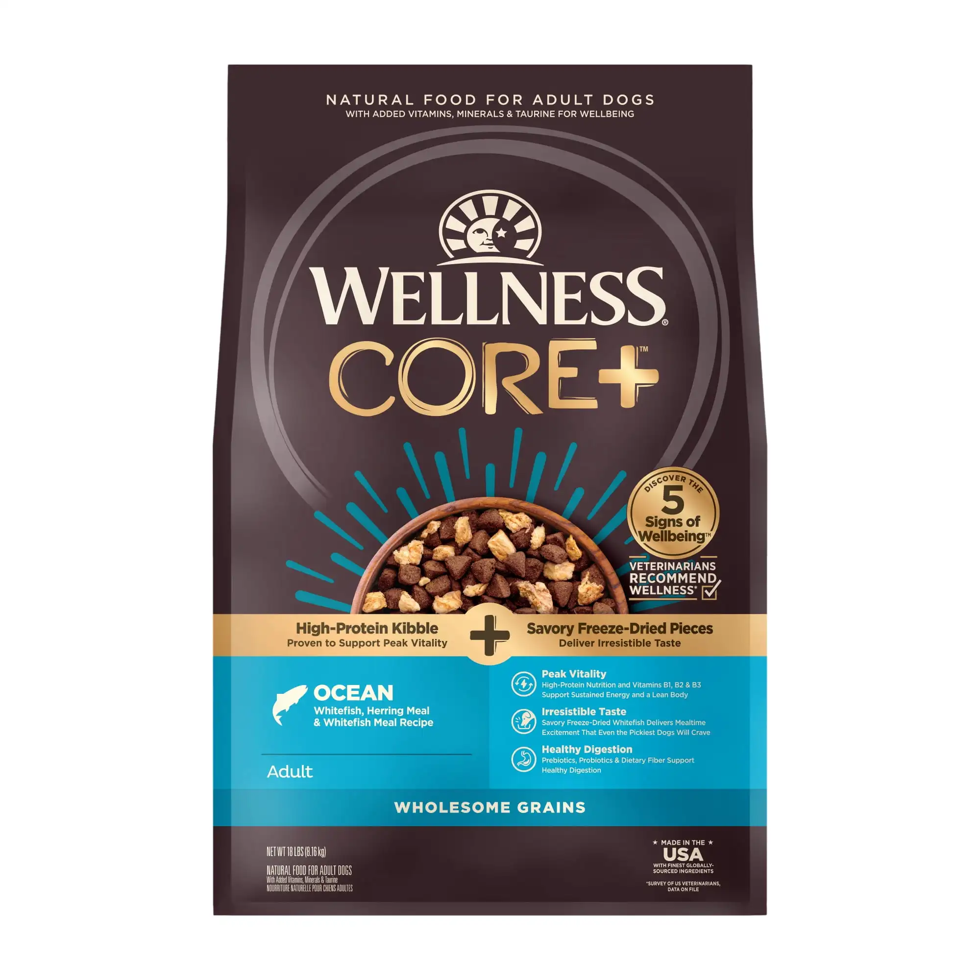Wellness CORE+ Зернистый сухой корм для собак, океанский рецепт с замораженной сушеный белой рыбкой, пакет 18 фунтов
Wellness CORE+ Зернистый сухой корм для собак, океанский рецепт с замораженной сушеный белой рыбкой, пакет 18 фунтов
