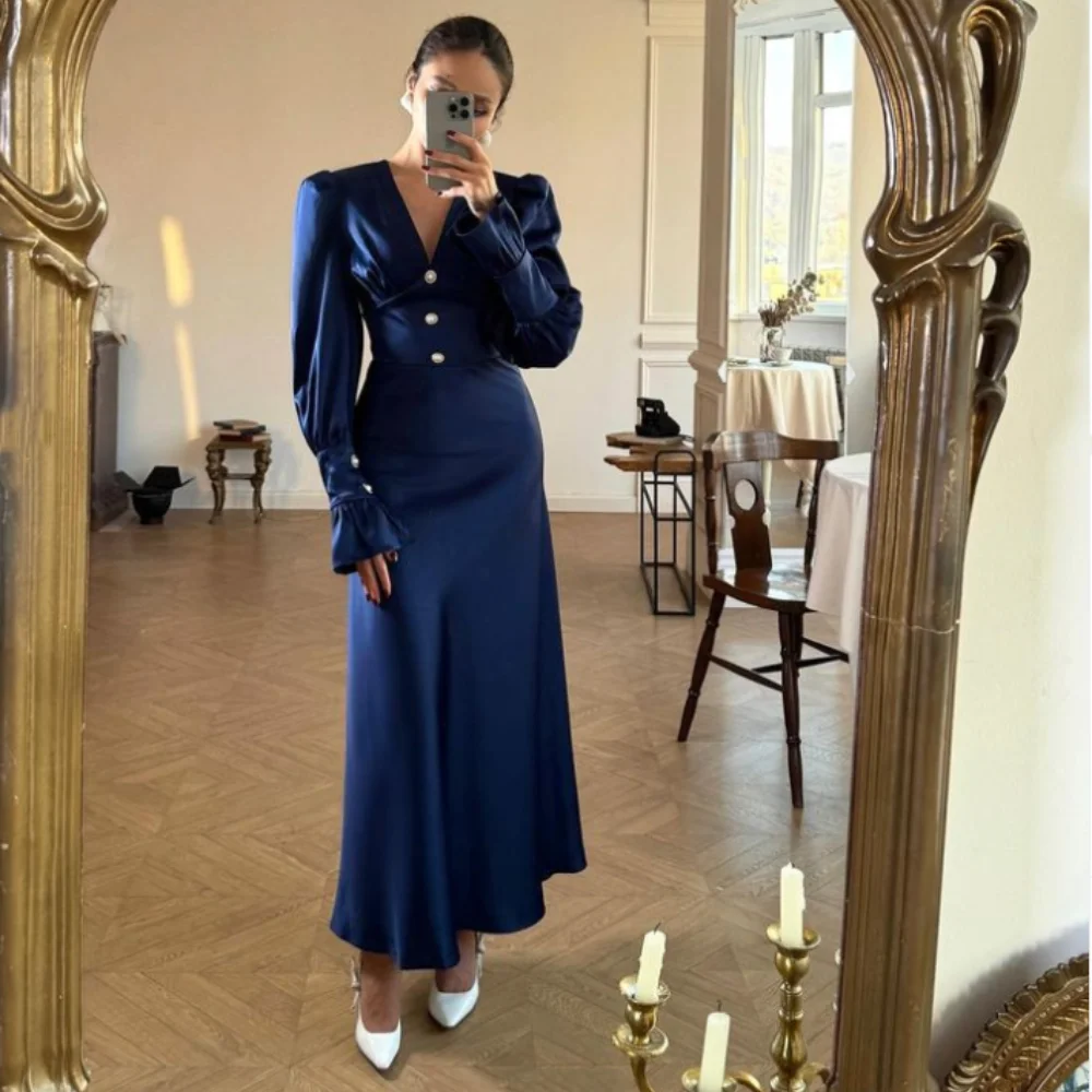 Customized A-line Satin V-neck Evening Dresses Ankle length Button Long Sleeve Prom Gowns Pleat Party Dresses
Customized A-line Satin V-neck Evening Dresses Ankle length Button Long Sleeve Prom Gowns Pleat Party Dresses