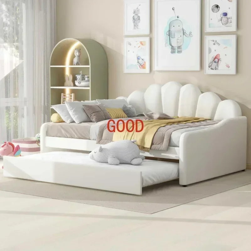 Upholstery Full Size Daybed with Trundle for Adult/Kid, Solid Wood Bed Frame w/Velvet Shall Shaped Backrest, Wood Slab Support,
Upholstery Full Size Daybed with Trundle for Adult/Kid, Solid Wood Bed Frame w/Velvet Shall Shaped Backrest, Wood Slab Support,