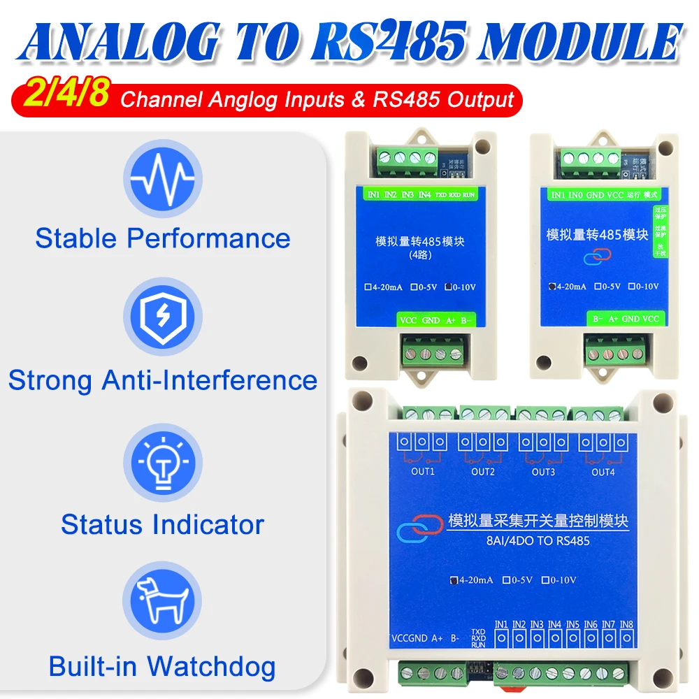 Модуль преобразования Аналоговый 4-20 мА 0-5 В 0-10 В в протокол RS485 Modbus RTU 2 4 8-канальные цифровые модули трансформации RS485
Модуль преобразования Аналоговый 4-20 мА 0-5 В 0-10 В в протокол RS485 Modbus RTU 2 4 8-канальные цифровые модули трансформации RS485