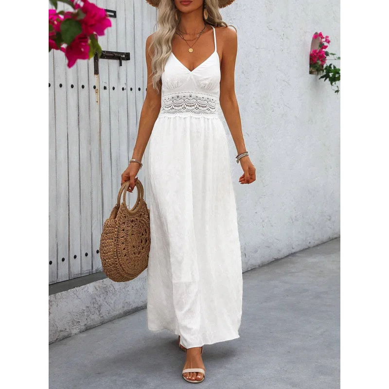Women's Lace Halter Neck Backless V-neck Waist-cinching Dress, Vacation Outfit, Women's Summer Fresh And Fashionable Clothing
Women's Lace Halter Neck Backless V-neck Waist-cinching Dress, Vacation Outfit, Women's Summer Fresh And Fashionable Clothing