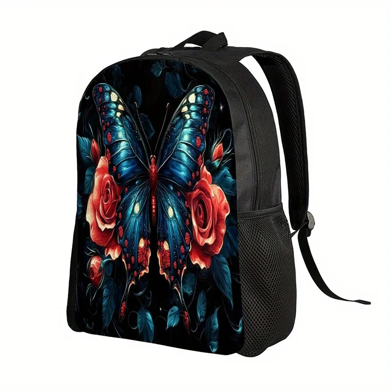 Bright blue butterfly and red rose backpack - Black bag with turquoise wing pattern, adjustable shoulder straps
Bright blue butterfly and red rose backpack - Black bag with turquoise wing pattern, adjustable shoulder straps