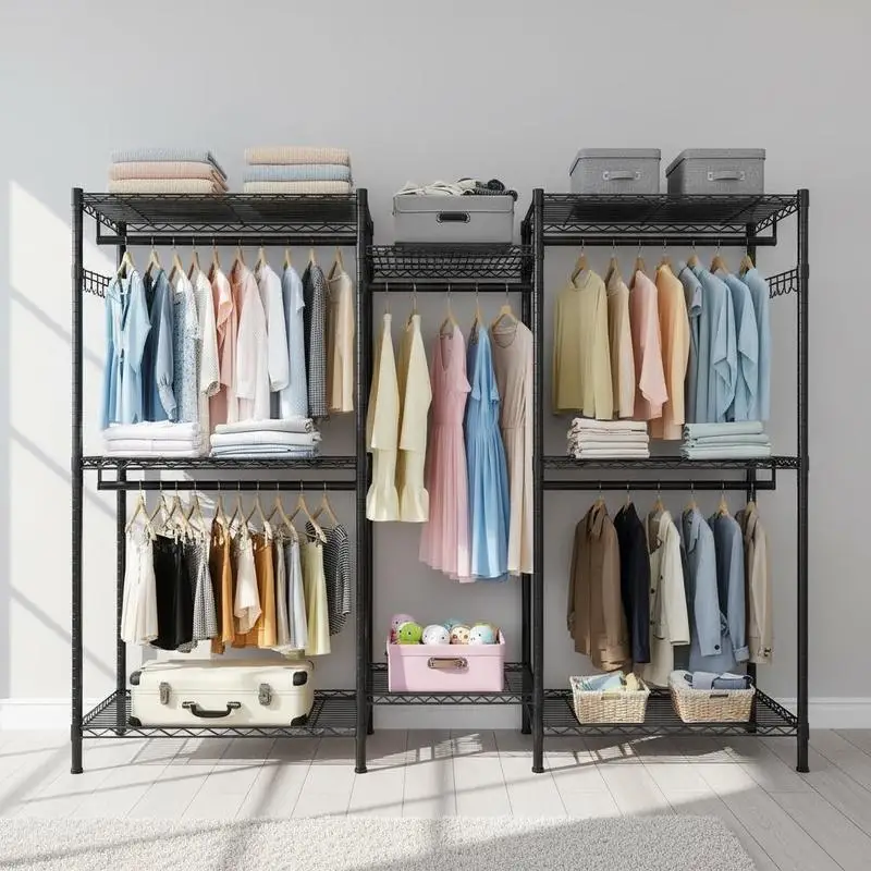 Garment Rack 60in For Bedroom Closet Wardrobe, Adjustable Wire Shelving Clothes Rail, Black Metal Frame, Space Saving Storage Solution
Garment Rack 60in For Bedroom Closet Wardrobe, Adjustable Wire Shelving Clothes Rail, Black Metal Frame, Space Saving Storage Solution