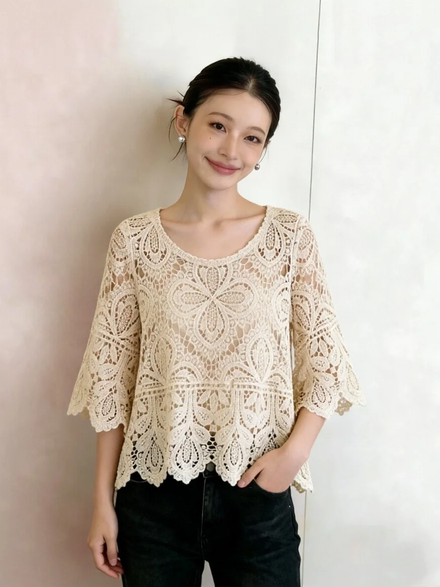 Heavy Embroidery Hollow out Top New Style plus Size Elegant Versatile Loose Slimming Lace Shirt Wrap Chest Two Piece Set
Heavy Embroidery Hollow out Top New Style plus Size Elegant Versatile Loose Slimming Lace Shirt Wrap Chest Two Piece Set