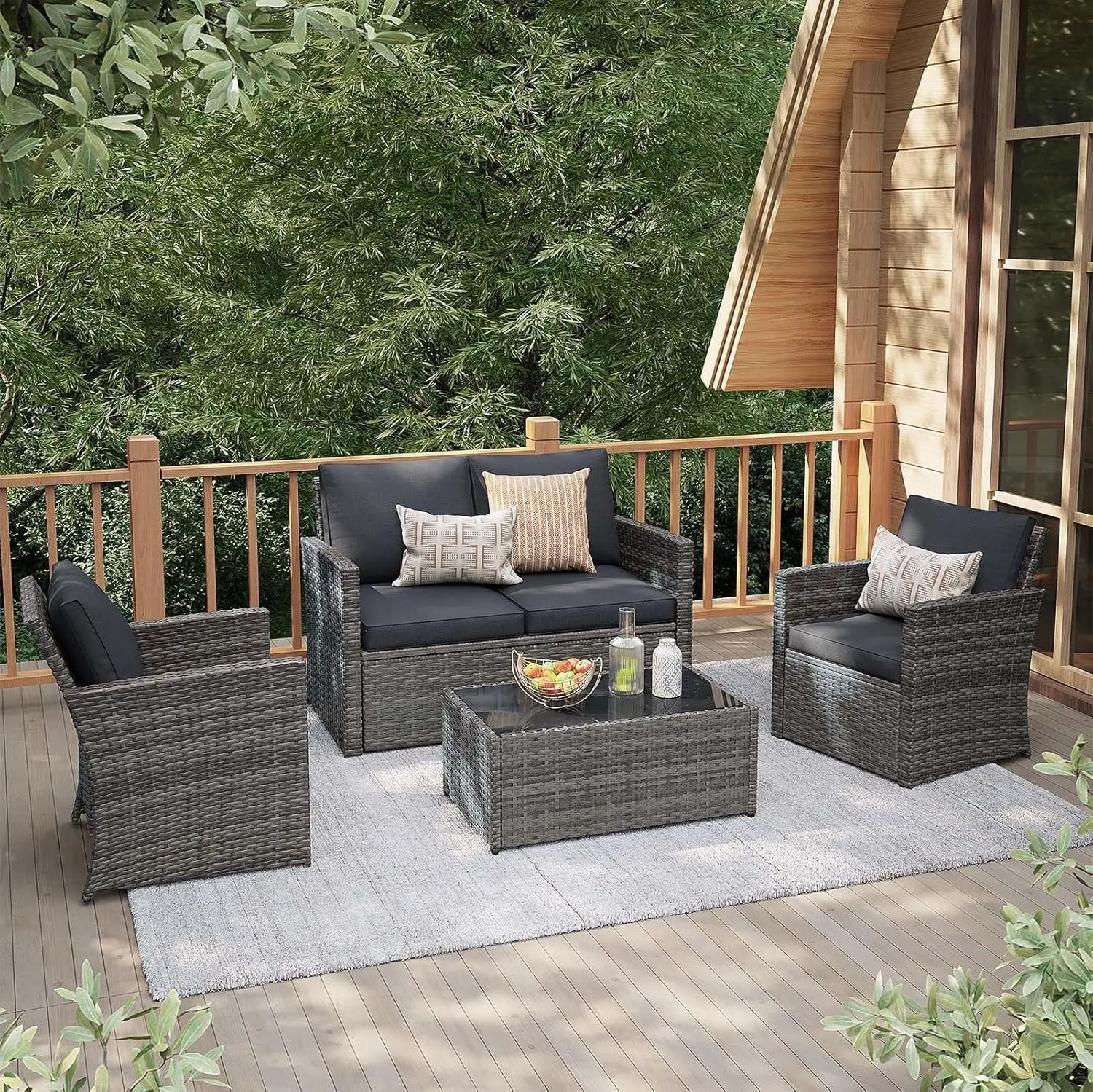 4 Piece All-Weather PE Rattan Patio Conversation Set with Loveseat Chair Tempered Glass Coffee Table Outdoor Furniture, Custom
4 Piece All-Weather PE Rattan Patio Conversation Set with Loveseat Chair Tempered Glass Coffee Table Outdoor Furniture, Custom