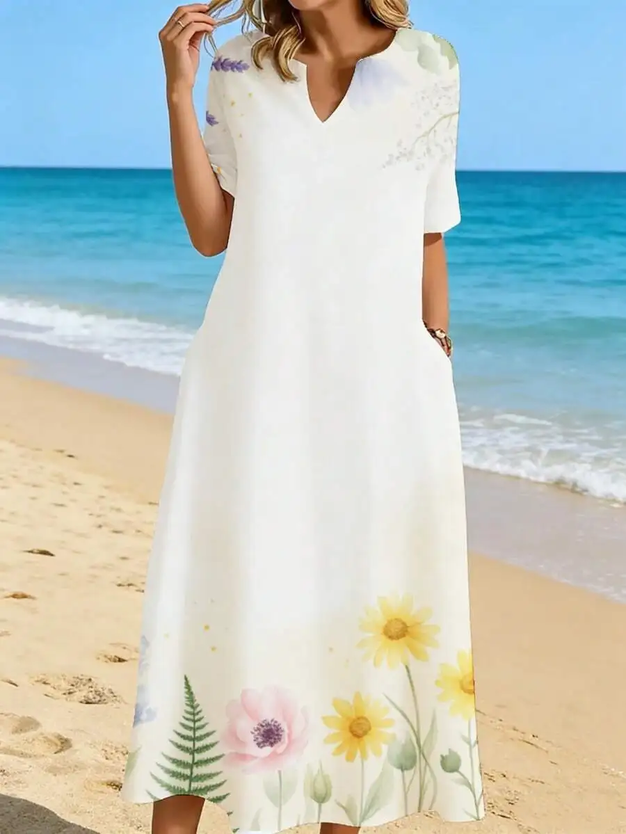 V Neck Midi Dress White Floral Fern Print Beach Vacation Dress
V Neck Midi Dress White Floral Fern Print Beach Vacation Dress