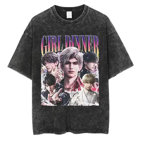 Vintage Washed Girl Dinner Rafayel Love and Deepspace T Shirt Unisex Summer O-Neck Cotton T-shirt Fashion Tide Short Sleeve Tees