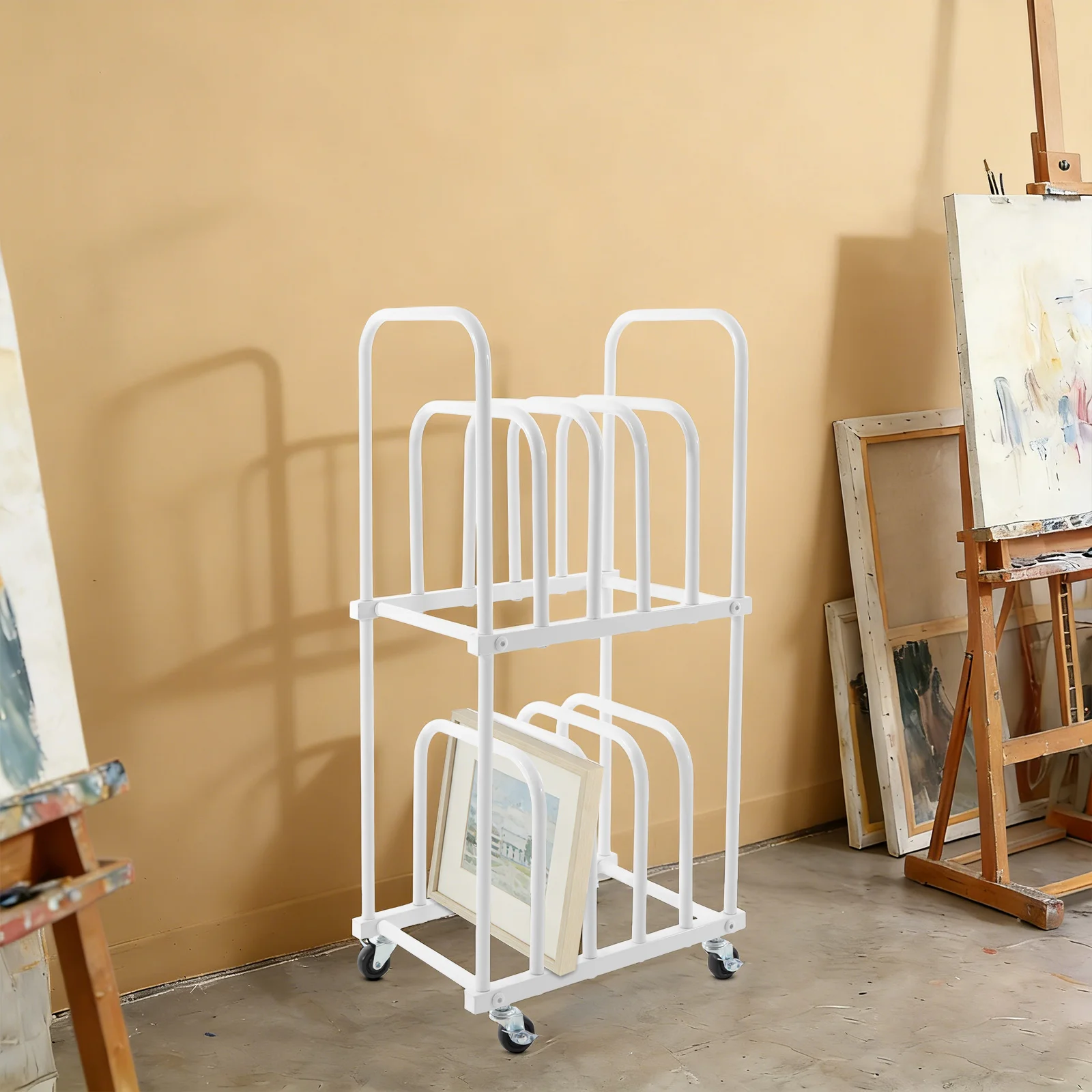 White Art Canvas Storage Rack, Iron Heavy-Duty Storage Stand with Wheels for Storing Oil Paintings, Plates, Frames, Art Boards
White Art Canvas Storage Rack, Iron Heavy-Duty Storage Stand with Wheels for Storing Oil Paintings, Plates, Frames, Art Boards
