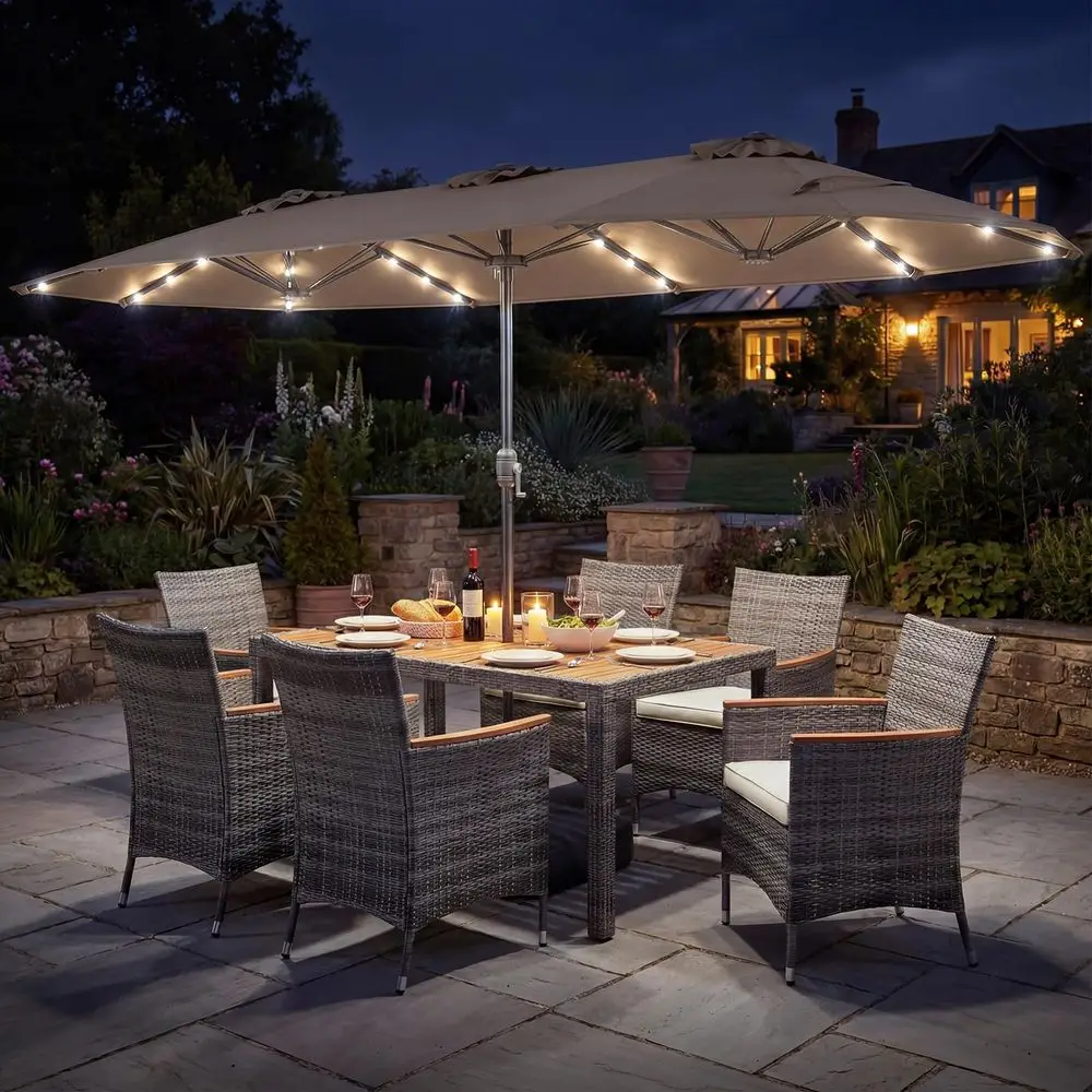 9 Pieces Rattan Outdoor Dining Set with 13Ft Solar Patio Umbrella for 6, Outdoor Wicker Table Set with 8 Cushioned Chairs, Acac
9 Pieces Rattan Outdoor Dining Set with 13Ft Solar Patio Umbrella for 6, Outdoor Wicker Table Set with 8 Cushioned Chairs, Acac