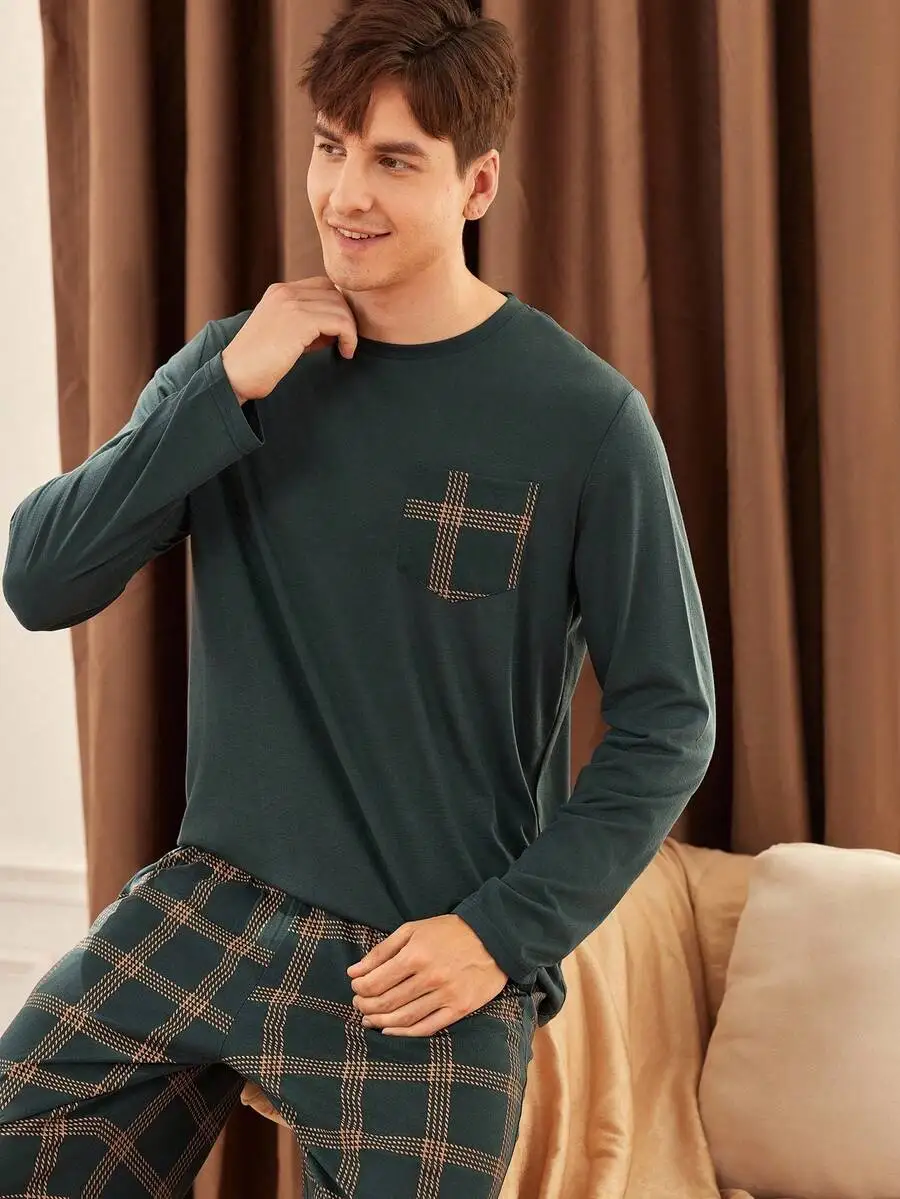 Mens Long Sleeve Top And Plaid Pants Loungewear Set With Patchwork Pocket
Mens Long Sleeve Top And Plaid Pants Loungewear Set With Patchwork Pocket
