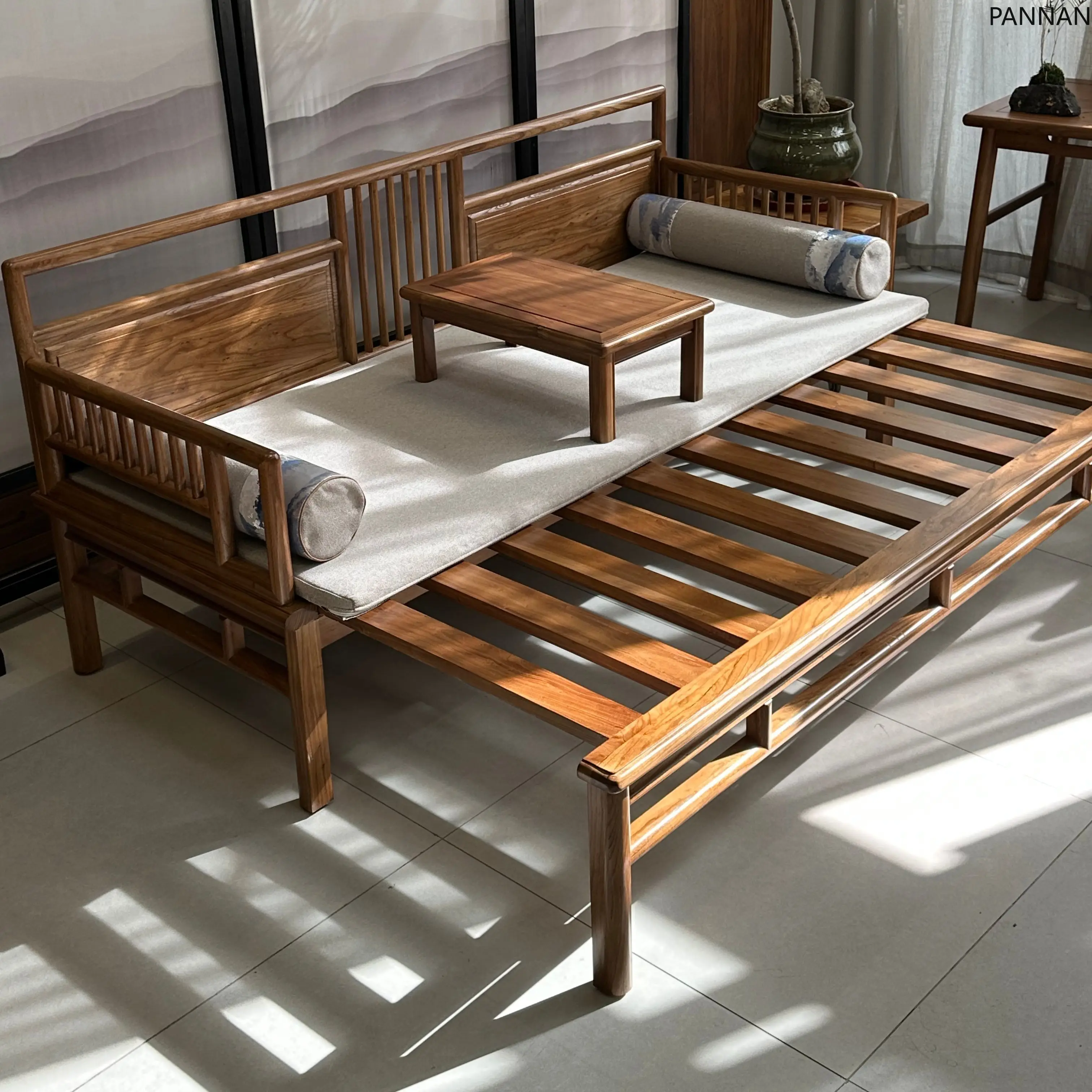 New Chinese black walnut color push-pull Arhat bed living room solid wood antique sofa bed
New Chinese black walnut color push-pull Arhat bed living room solid wood antique sofa bed