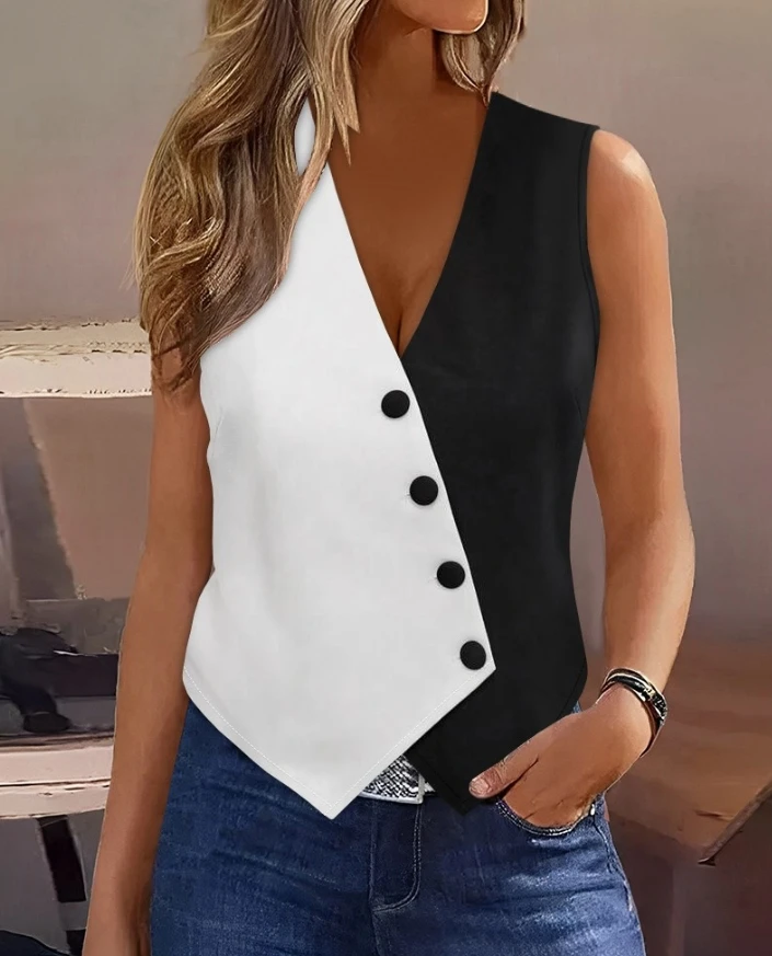 Women's New Fashion Colorblock Buttoned V-Neck Vest Top Women Clothes Temperament Commuting Summer Female Sleeveless Casual Top
Women's New Fashion Colorblock Buttoned V-Neck Vest Top Women Clothes Temperament Commuting Summer Female Sleeveless Casual Top