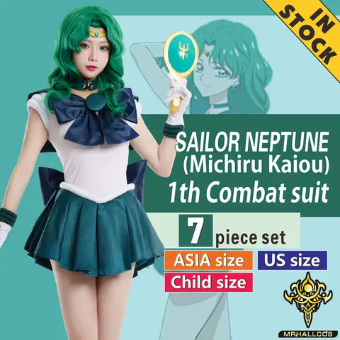 MRHALLCOS Anime Cosplay Sailor Neptune Michiru Kaiou Moon Crystal Dress outfit Costume Halloween Party Kid Adult Women PlusSize