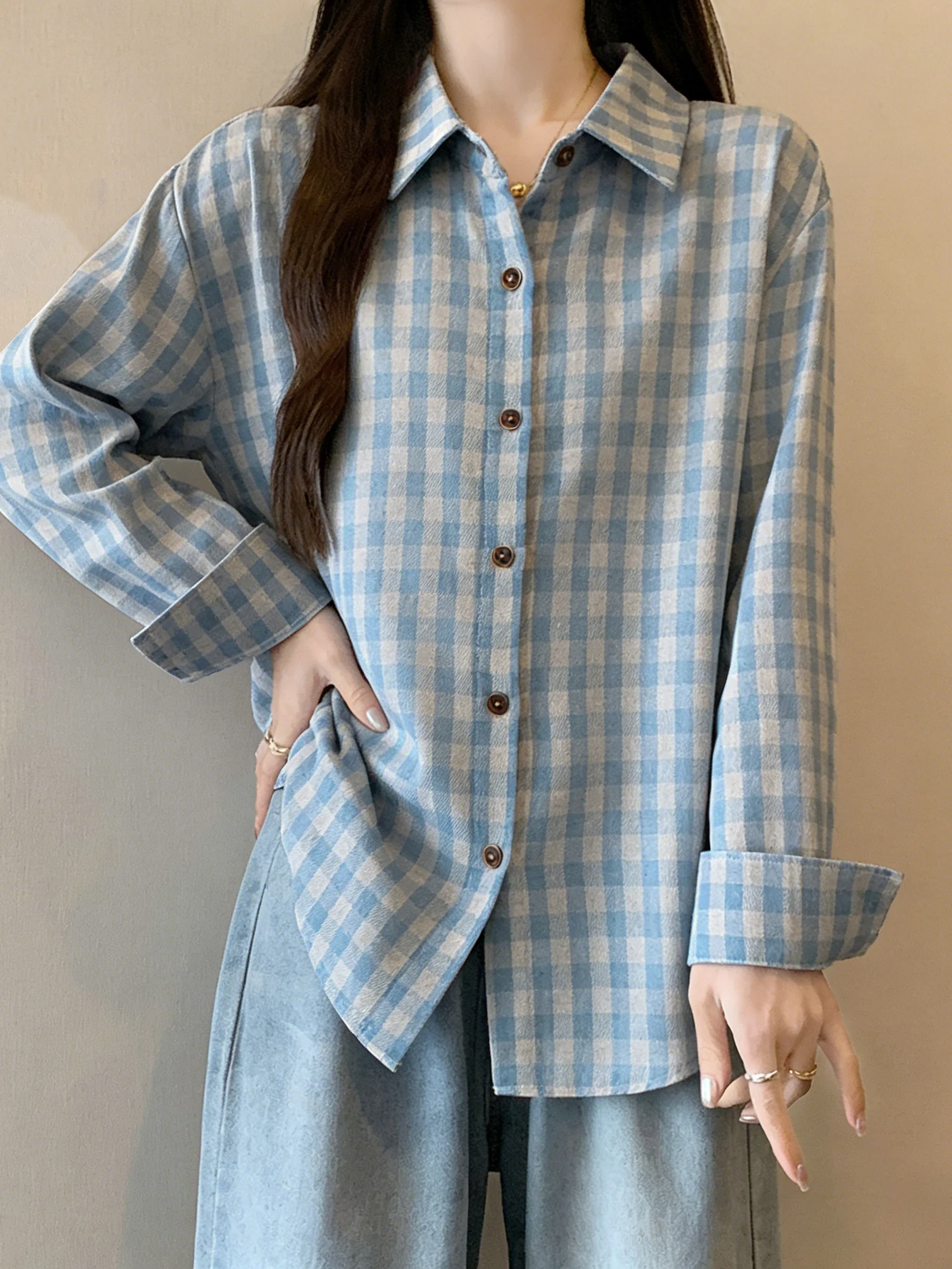 Blue Plaid Long Sleeve Shirt Women's Korean Style Spring 2026 New plus Size Outerwear Top Collar Cardigan Regular Fit
Blue Plaid Long Sleeve Shirt Women's Korean Style Spring 2026 New plus Size Outerwear Top Collar Cardigan Regular Fit