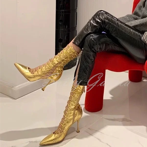 Pointed Strap Thin Heel Cool Boots for Women New Hollow Out Sexy Gold High Heels Lace Up Side Zipper Mid Boot Runway Show Shoes
Pointed Strap Thin Heel Cool Boots for Women New Hollow Out Sexy Gold High Heels Lace Up Side Zipper Mid Boot Runway Show Shoes