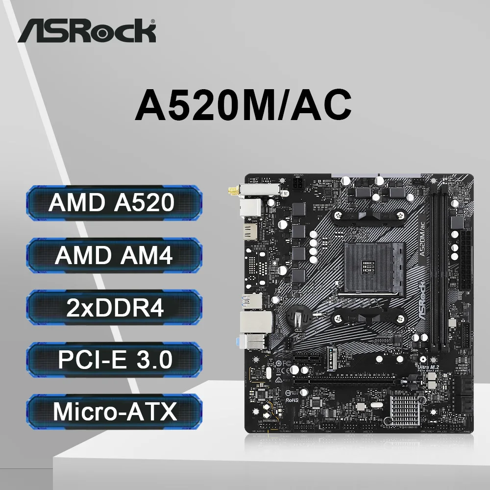 ASRock A520M/AC Motherboard Support Ryzen 5 5600 5600G R7 5700X3D CPU AM4 Socket DDR4 4733MHz+(OC) 64GB NVME M.2 PCI-E 3.0
ASRock A520M/AC Motherboard Support Ryzen 5 5600 5600G R7 5700X3D CPU AM4 Socket DDR4 4733MHz+(OC) 64GB NVME M.2 PCI-E 3.0