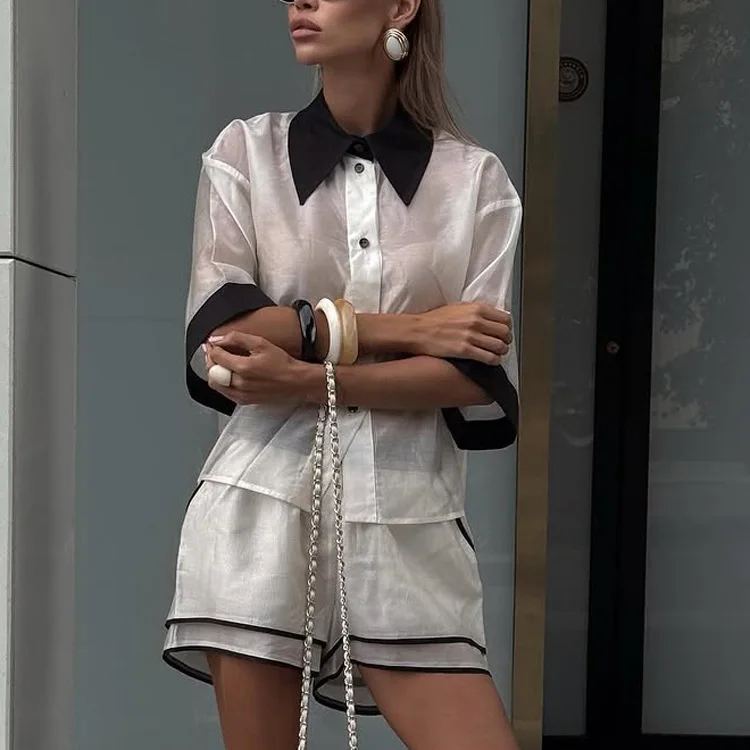 Women White See Through 2 Pieces Set Single Breasted Blouse Shirts Top Elastic Waist Shorts Female Holiday Lounge Matching Sets
Women White See Through 2 Pieces Set Single Breasted Blouse Shirts Top Elastic Waist Shorts Female Holiday Lounge Matching Sets
