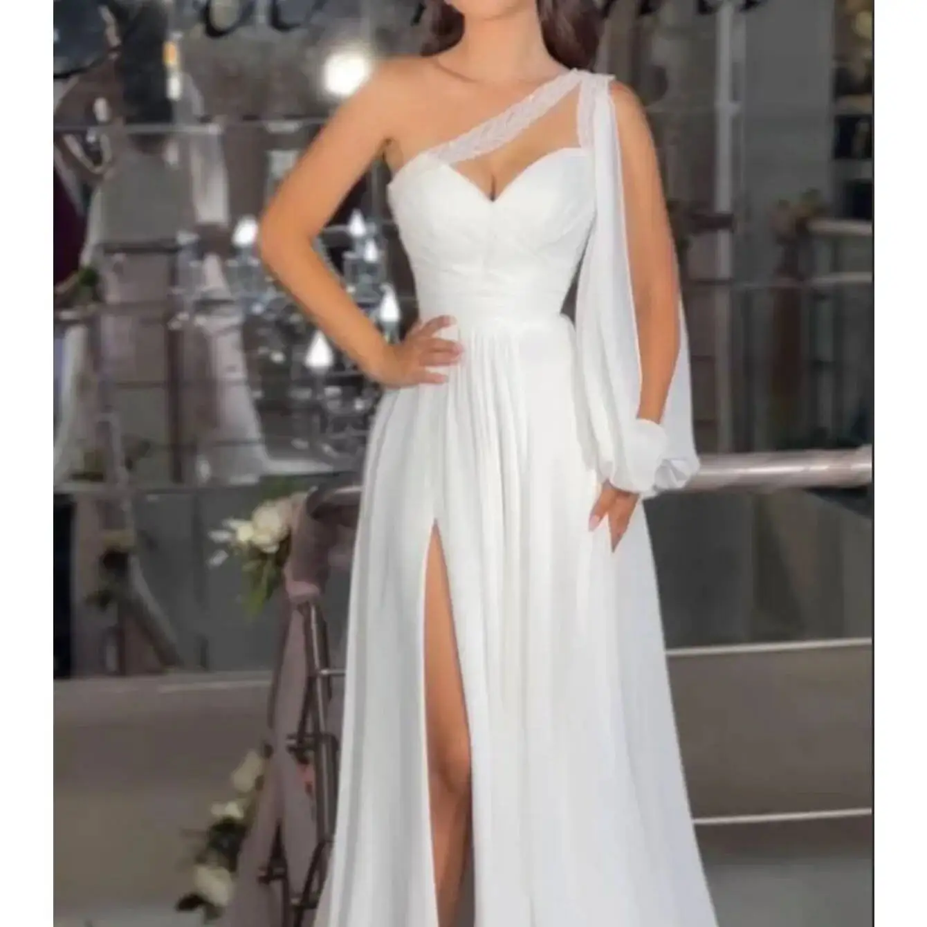 New Women's Fashion Single Shoulder Long Sleeve White Chiffon Slit Party Wedding Dress Summer Dress Robe Vestido Women Elegant
New Women's Fashion Single Shoulder Long Sleeve White Chiffon Slit Party Wedding Dress Summer Dress Robe Vestido Women Elegant