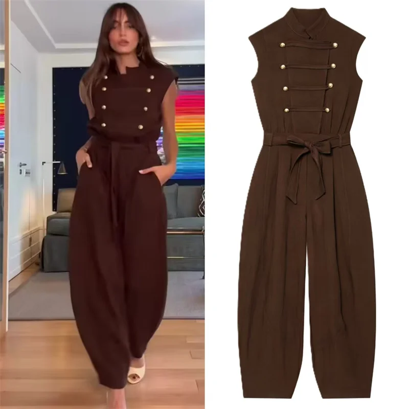 2026 Summer New Style Women's Jumpsuit Reddish-Brown Sleeveless with Button Detail and Belt Jumpsuit Vacation Fashion Casual
2026 Summer New Style Women's Jumpsuit Reddish-Brown Sleeveless with Button Detail and Belt Jumpsuit Vacation Fashion Casual