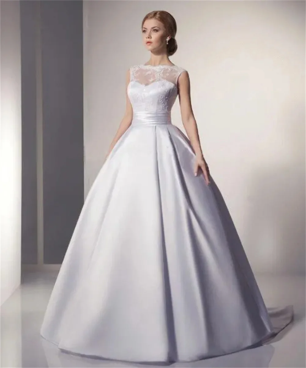 Lace O-Neck Wedding Dress A-Line Satin Sleeveless Sexy Backless Bride Gown Floor-Length Sweep Train New Vestidos De Novia 2024
Lace O-Neck Wedding Dress A-Line Satin Sleeveless Sexy Backless Bride Gown Floor-Length Sweep Train New Vestidos De Novia 2024