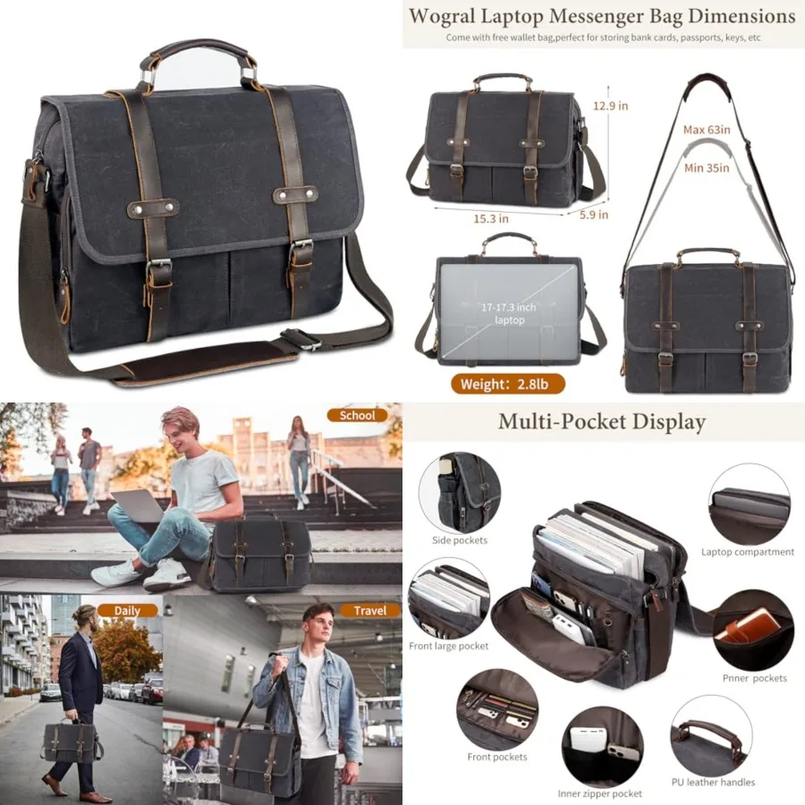Wogarl 15.6" Messenger Bag for Men Leather Waxed Canvas Briefcase Large Computer Laptop Bag Handbags Crossbody Bags for Work
Wogarl 15.6" Messenger Bag for Men Leather Waxed Canvas Briefcase Large Computer Laptop Bag Handbags Crossbody Bags for Work